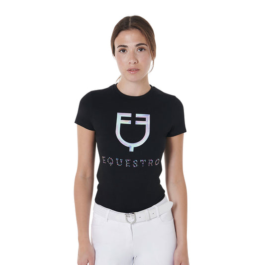 T-SHIRT DONNA SLIM FIT STAMPA EQUESTRO LOGO MULTICOLORE NERA (TG.XS)