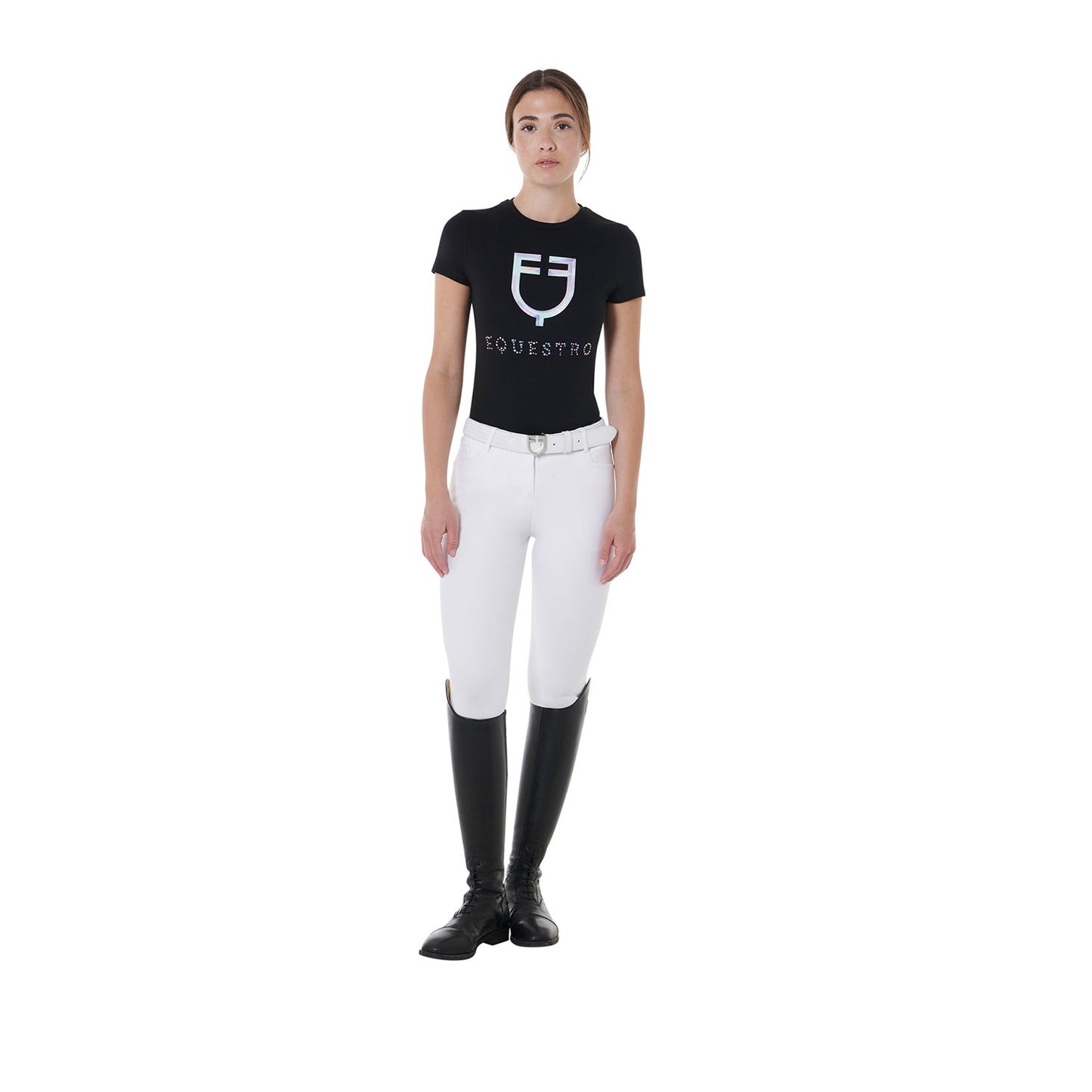 T-SHIRT DONNA SLIM FIT STAMPA EQUESTRO LOGO MULTICOLORE NERA (TG.XS)