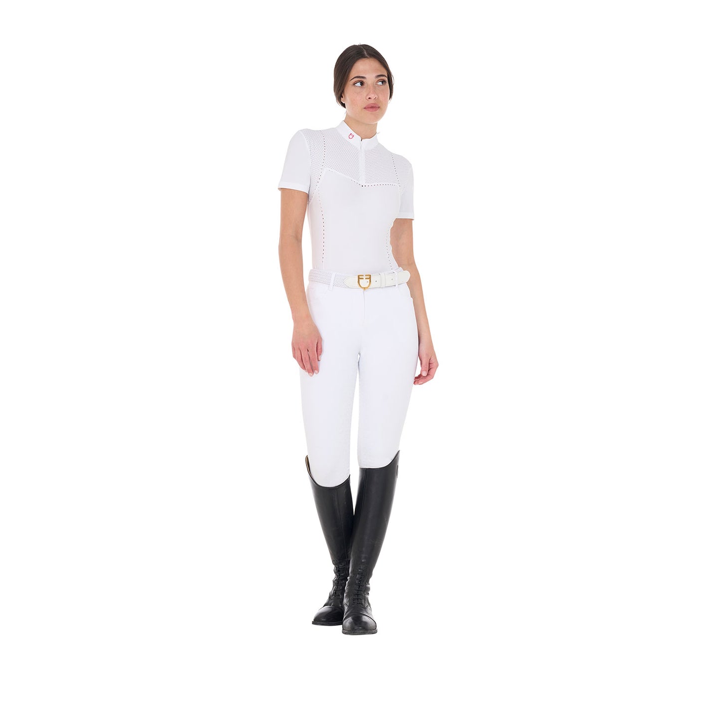 POLO CONCORSO DONNA  SLIM FIT IN TESSUTO TRAFORATO E ZIP EQUESTRO S25