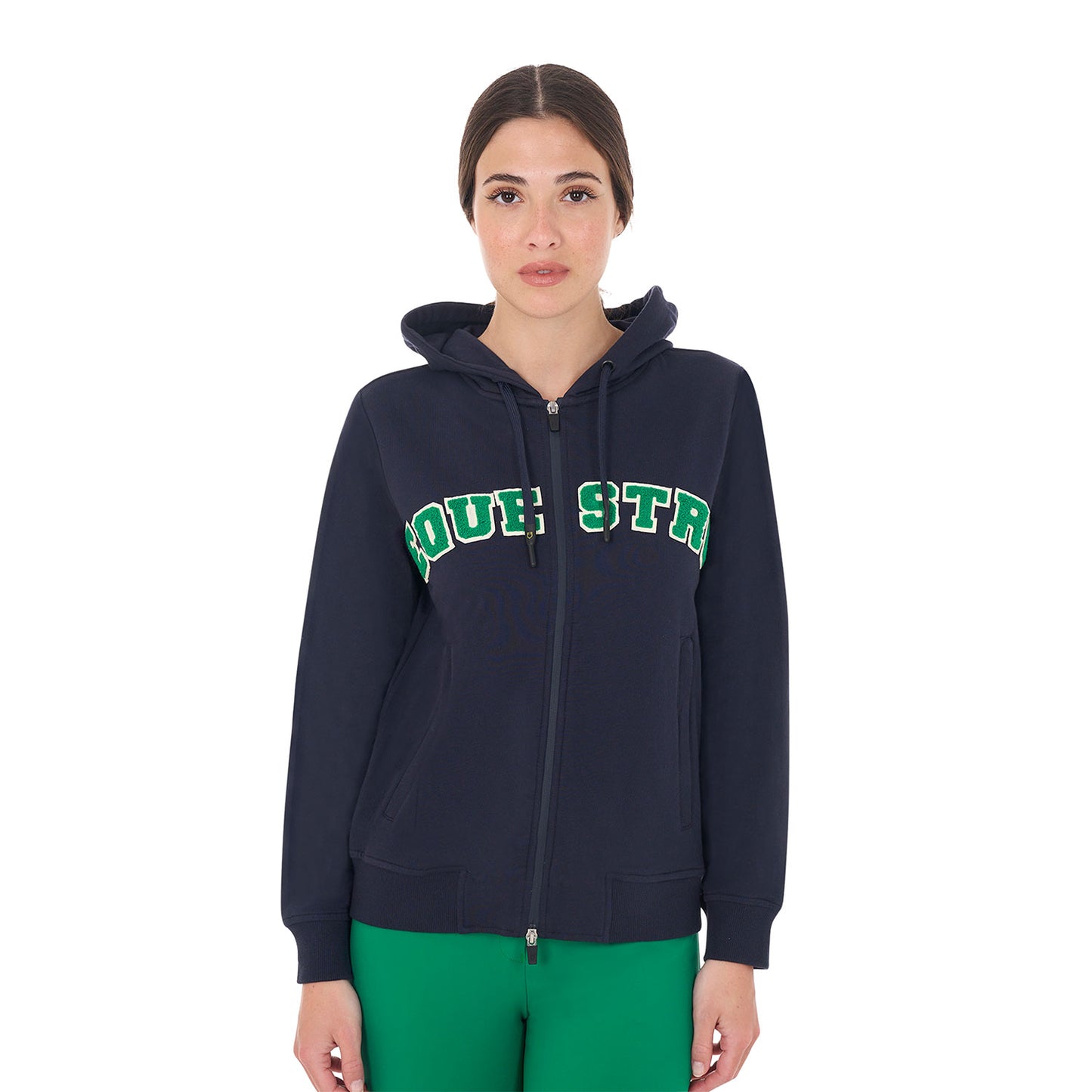 FELPA DONNA CON CAPPUCCIO, ZIP E SCRITTA EFFETTO SPUGNA